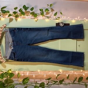 Kids Justice Mid Rise Elastic Tie Knit Waist Boot Cut Dark Wash Jeans 14